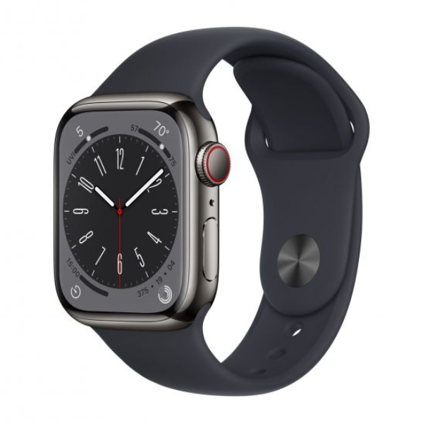 APPLE Watch Series 8 GPS + Cellular 45mm, Γραφίτης Ανοξείδωτο Ατσάλι με Μαύρο Αθλητικό Λουράκι