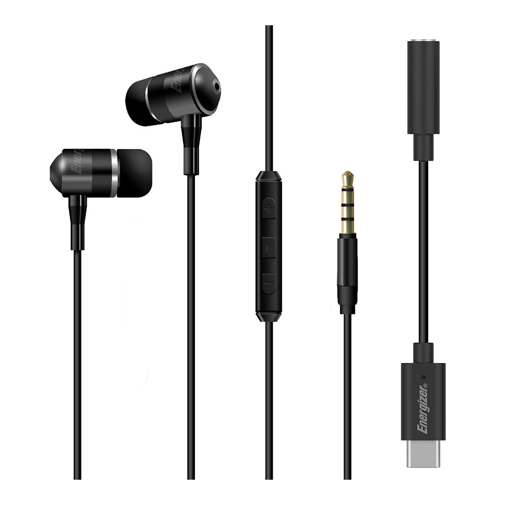 Earphones with microphone ENERGIZER UIC30 Metal + Type-C adapter black
