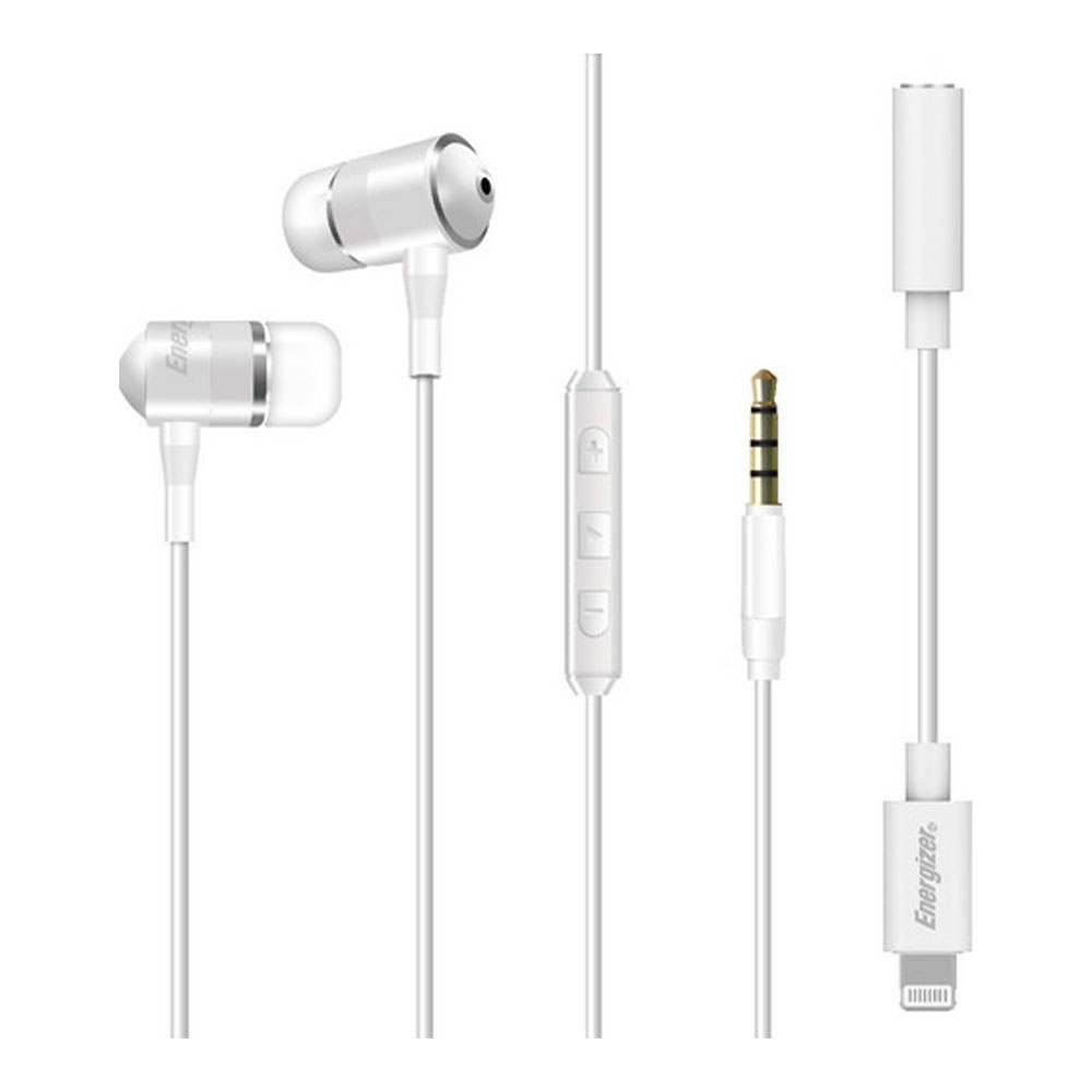 Earphones with microphone ENERGIZER UIL35WH + Lightning adapter white