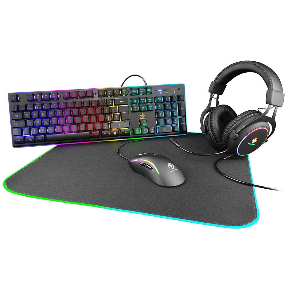 Gaming Corded Keyboard + Mouse + Mouse pad + Headphones DELTACO 4-in-1 kit UK GAM-084-UK