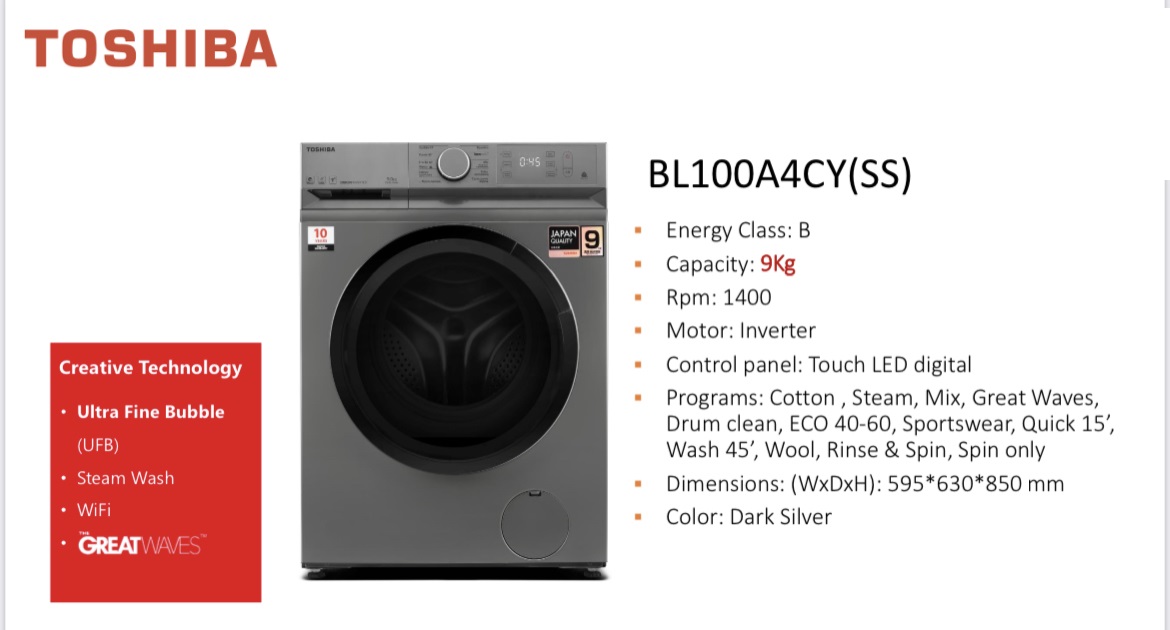 TOSHIBA TW-BL100A4CY(SS) WASHING MACHINE ,DARK SILVER, 1400RPM, 9KG , 5 year guarantee 10 YEAR WARRANTY IN ΜOTOR, OFFER