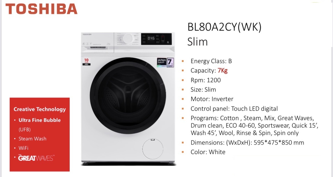 TOSHIBA TW-BL80A2CY(WK) WASHING MACHINE ,1200RPM, 7KG,10 YEAR WARRANTY IN COMPRESSOR and 5 ΥEARS FULL