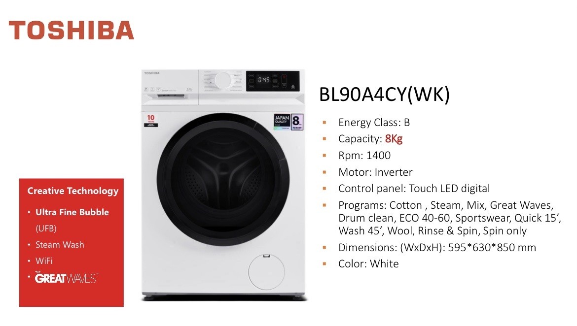 TOSHIBA TW-BL90A4CY(WK) WASHING MACHINE , 1400RPM 8KG Warranty: 5 years AND 10 YEARS INVERTER MOTOR, OFFER