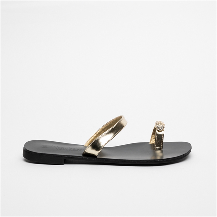 Miss Belgini Flat Metallic Toe-Ring Sandals with Rhinestone Detail