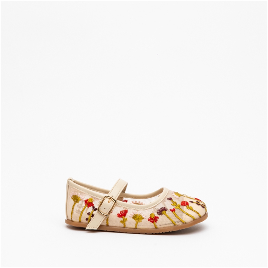 Miss Belgini Girls Mary Jane Mesh Ballerinas with Colourful Flowers Embroidered