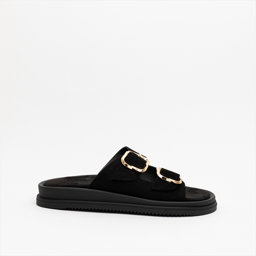 Athenais Premium Suede Double Buckle Strap Slider Flat Sandals