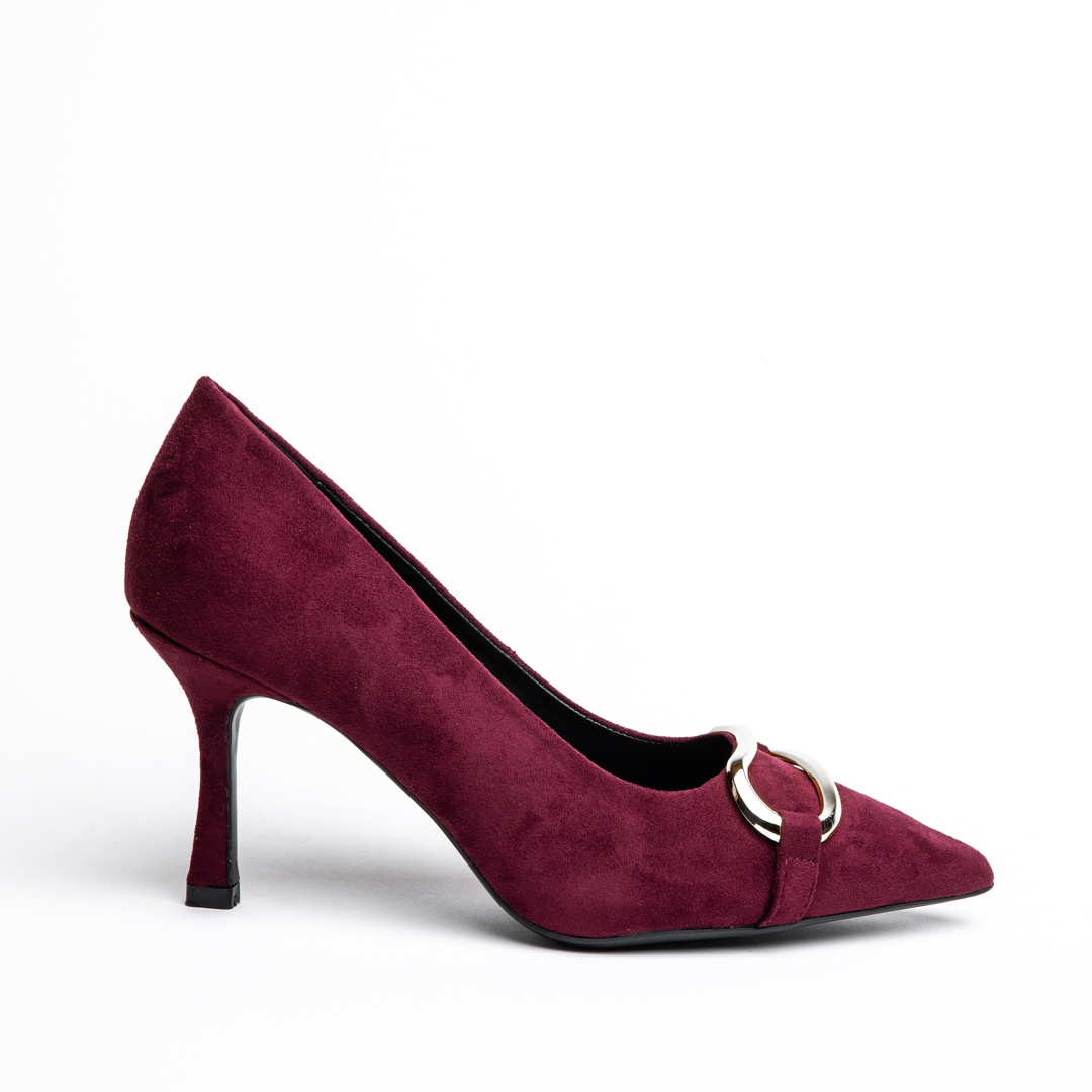 Miss Belgini high heeled suede pumps with metal gold embellishment