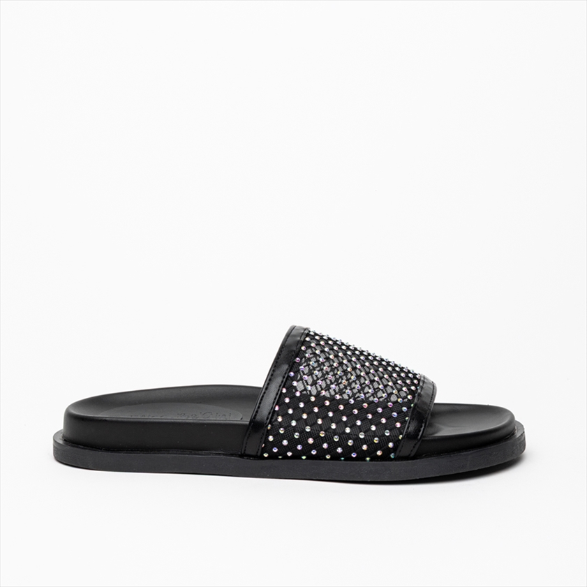 Miss Belgini Flat Slider Sandals with Diamante Net