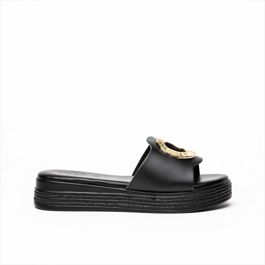 Athenais espadrille low wedge flatform sliders with round gold embellishment