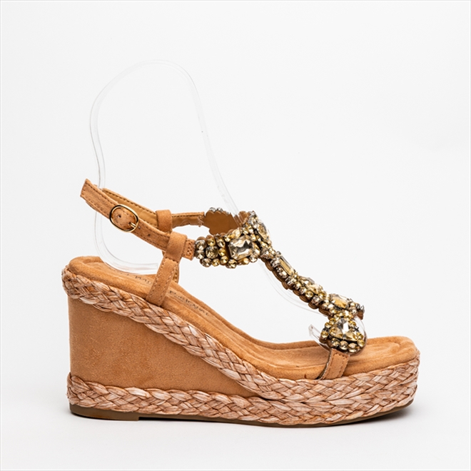 Miss Belgini High Wedge Espadrille Suedette Sandals with Multi-Coloured Rhinestone Straps