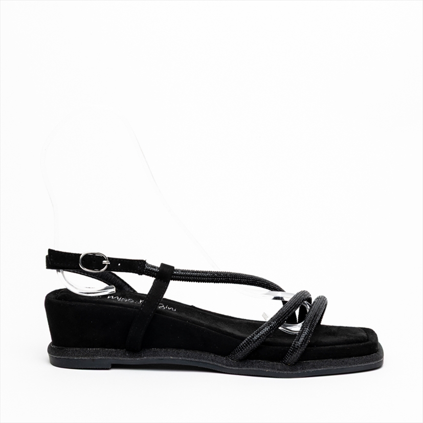 Miss Belgini Low Wedge Suede Sandals with Rhinestone Embellished Straps