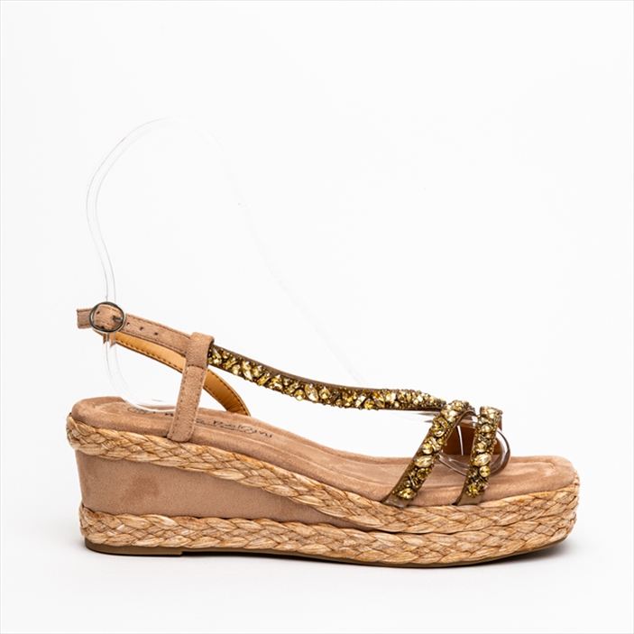 Miss Belgini Medium Wedge Espadrille Suede Sandals with Rhinestone Embellished Straps