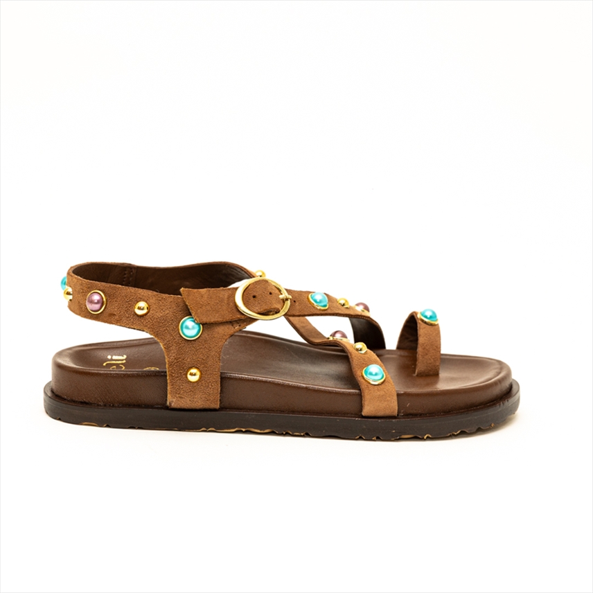 Nazeli Premium Flat Sandals with Toe Loop and Multicolour Pearl Studs