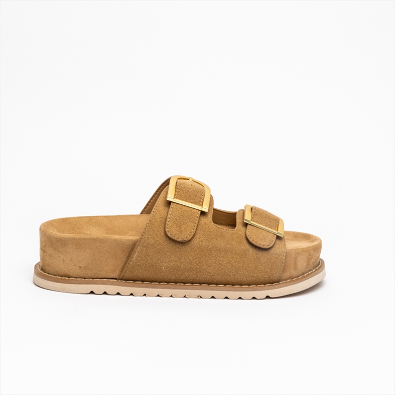Athenais Suede Effect Wedge Low Slider Sandals with Buckle Embelishment
