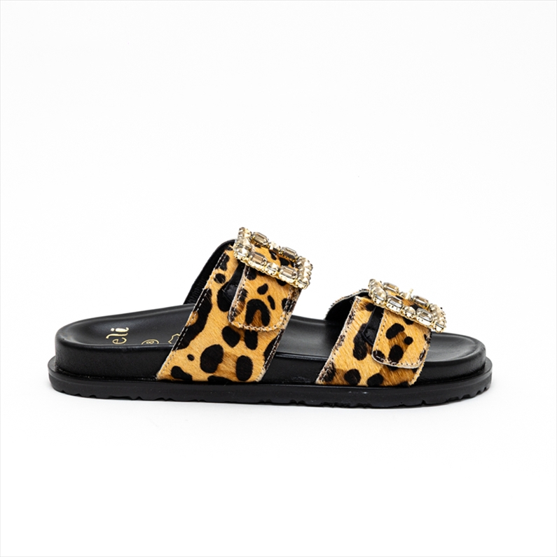 Nazeli Premium Leopard Diamante Double Buckle Slider Flat Sandals