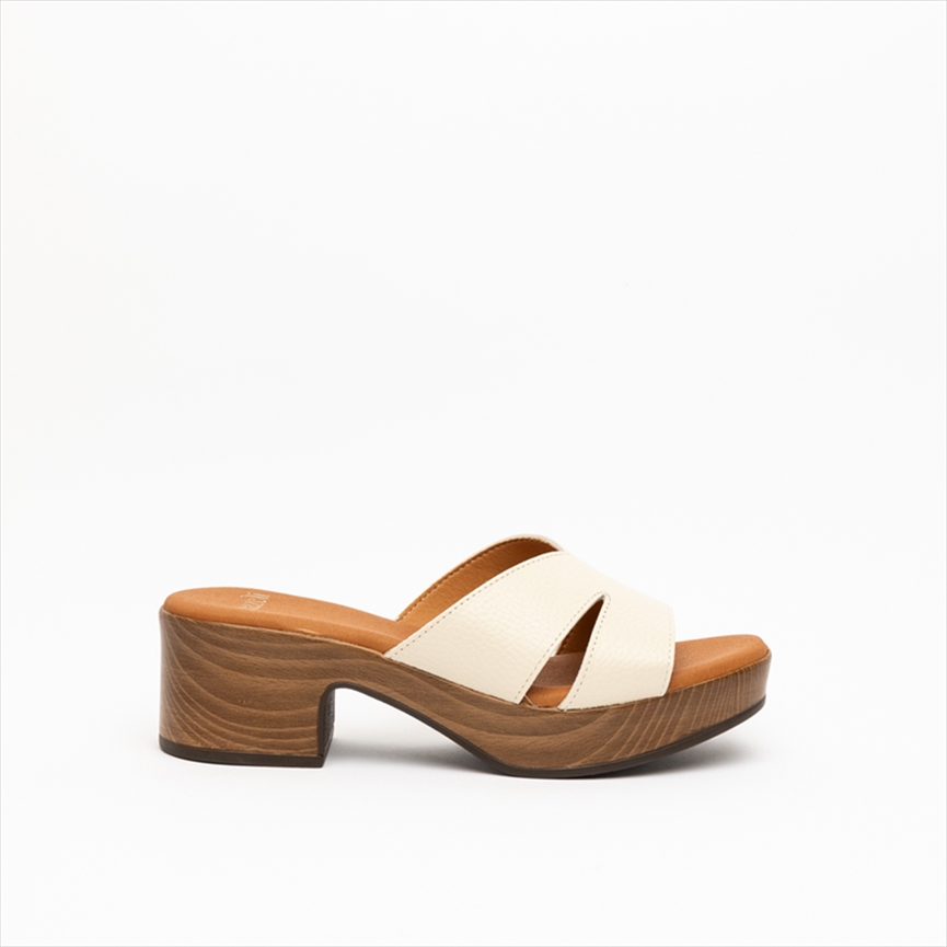 Nazeli Premium Wooden Low Block Heel Mule Sandals with Cut Out Detail