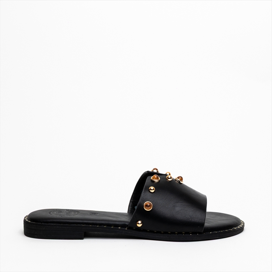 Athenais Hardware Embellished V-shape Upper Flat Slider Sandals