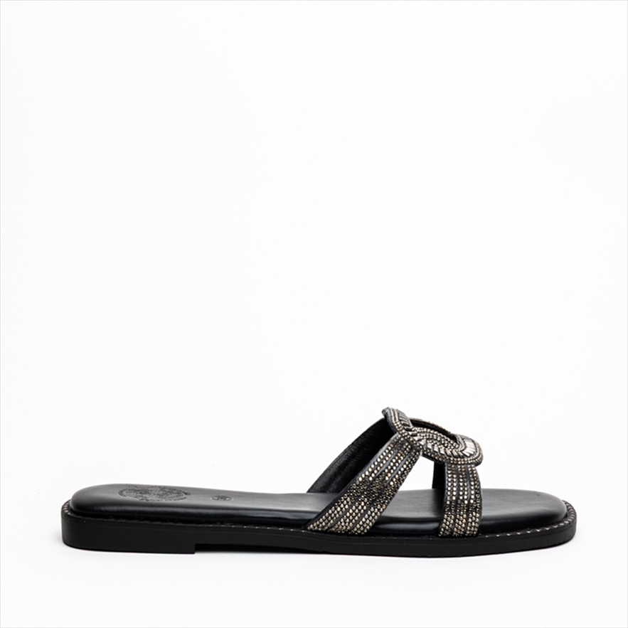 Athenais Rhinestone Embellished Interlocking Upper Design Flat Slider Sandals