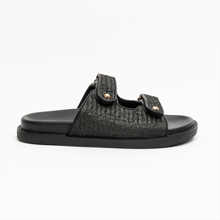 Athenais Double Strap Raffia Flatform Slider Sandals with Trim Details