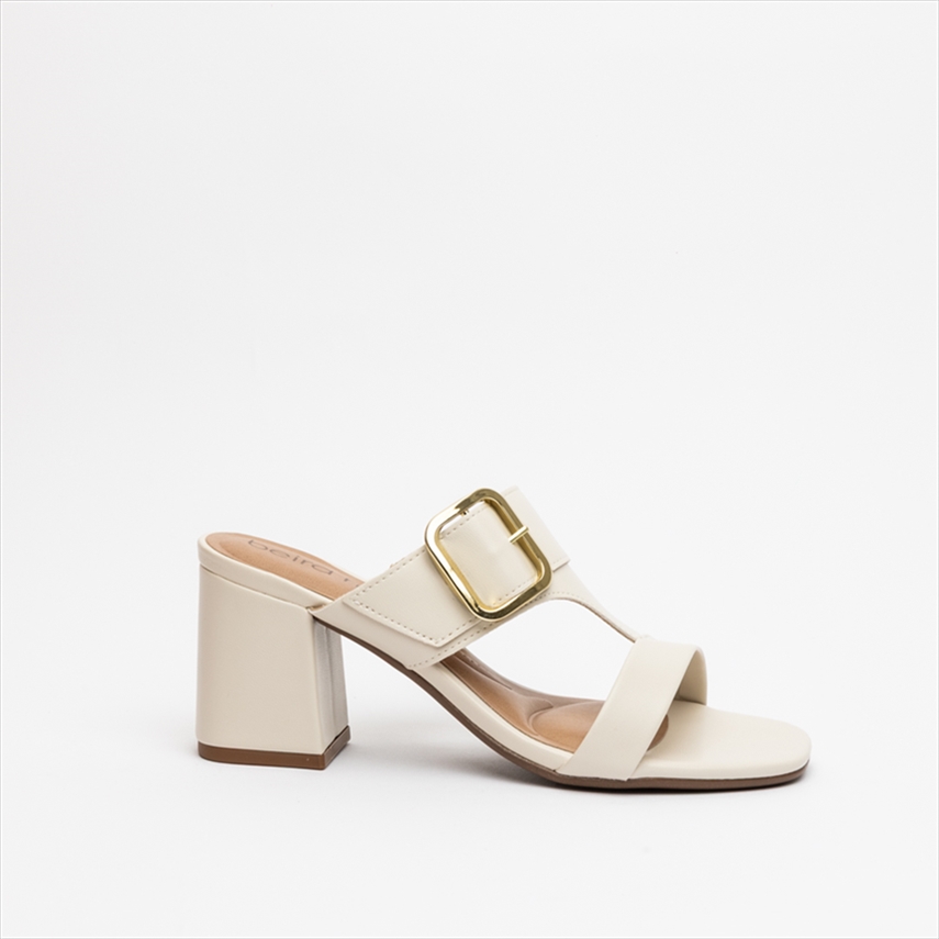 Beira Rio Medium Block Heel Mule Sandals with Gold Buckle Detail