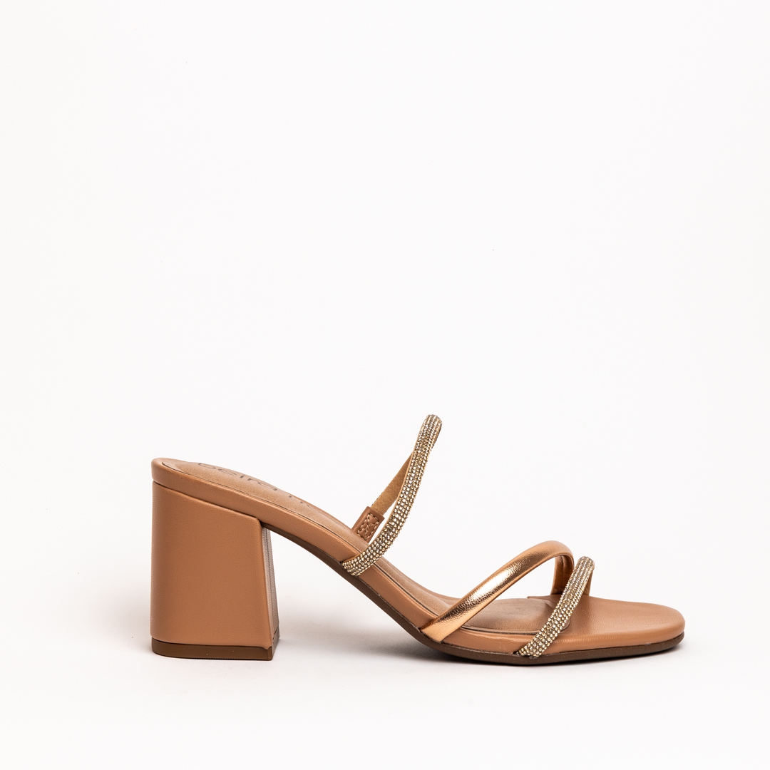 Beira Rio Medium Block Heel Mule Sandals with Rhinestones and Metallic Details