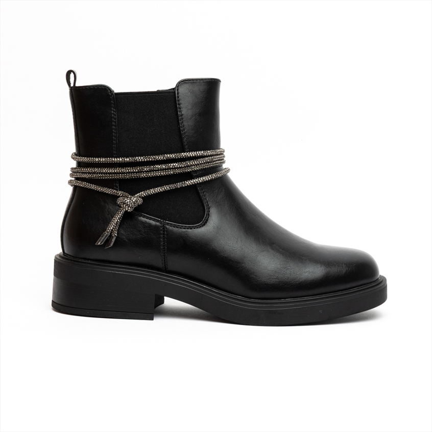 Miss Belgini Chelsea Ankle Boots with Rhinestone Embellished Chain