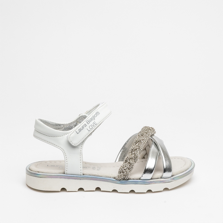 Laura Biagiotti Girls Sandals with Metallic Cross Straps and Rhinestones