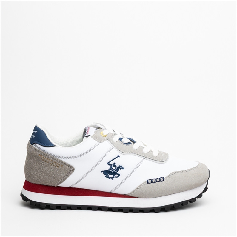 Beverly Hills Polo Club Mens Lifestyle Trainer White Textile and Suede Sneakers with Logo Branding