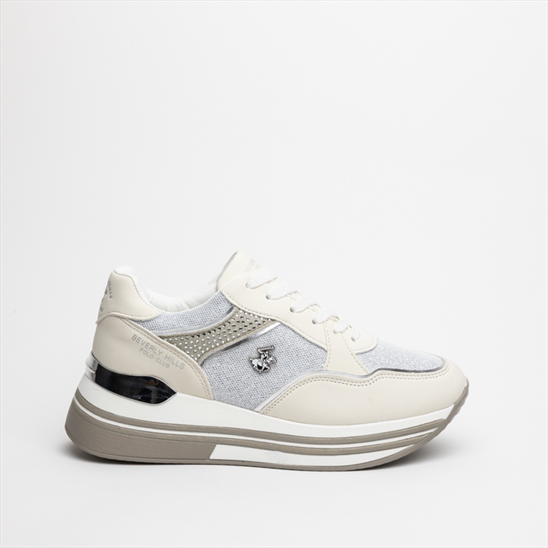 Beverly Hills Polo Club Womens White Trainer Sneakers with Rhinestone Detailing