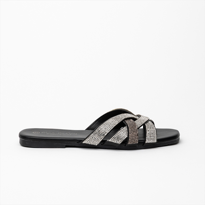 Miss Belgini braided double colour diamante rhinestone upper flat slider sandals