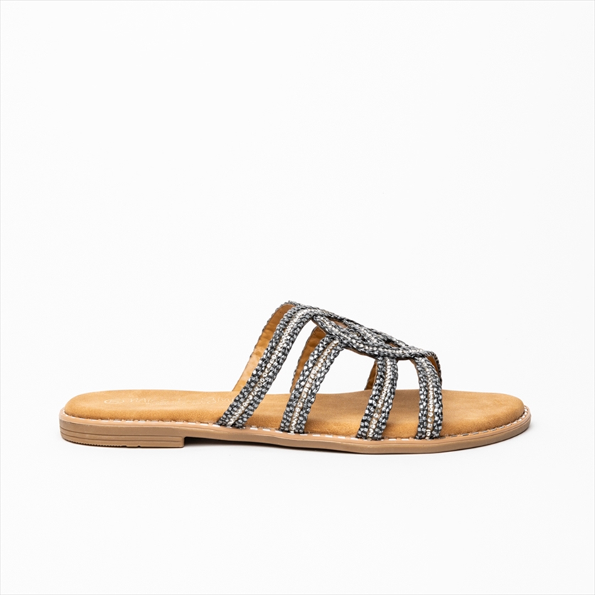Miss Belgini Braided Textile Diamante Rhinestone Upper Flat Slider Sandals