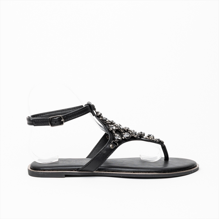 Miss Belgini Chunky Metallic Rhinestone Net Flat Sandals with Ankle Strap