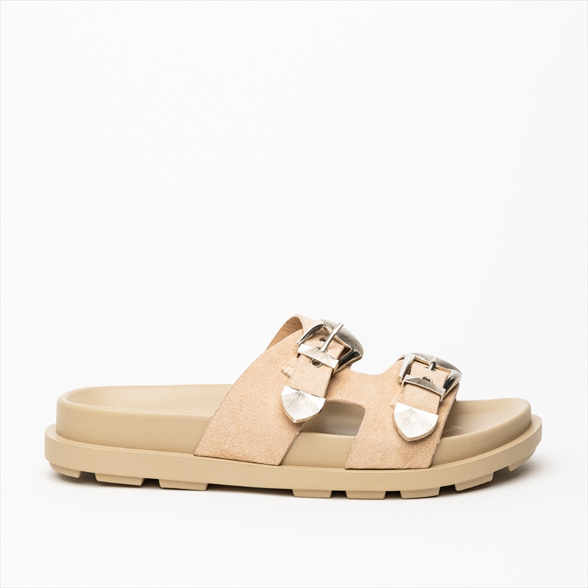 Miss Belgini Beige Western-Inspired Double Buckle Sliders