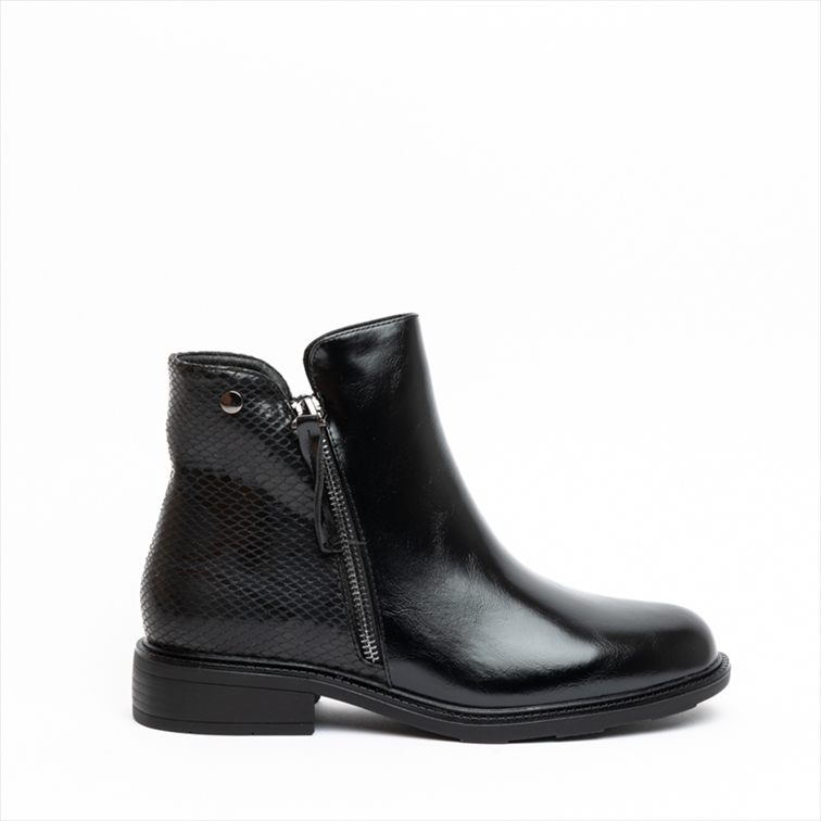 Miss Belgini PU Flat Ankle Boots with Decorative Side Zip
