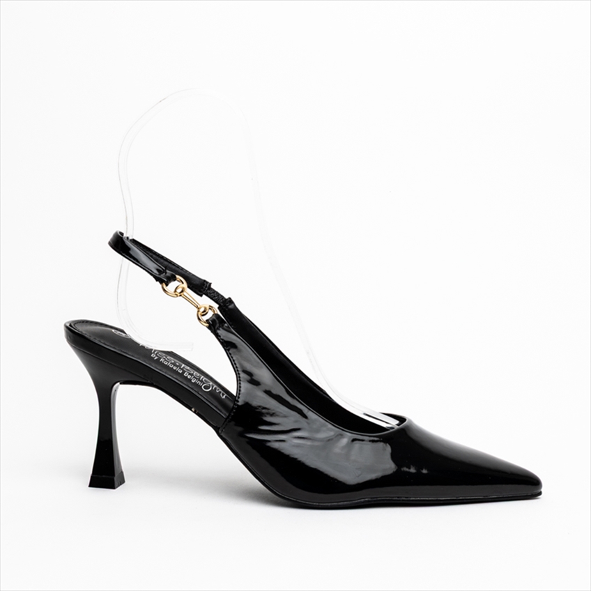 Miss Belgini Glossy Low Kitten Heel Slingback Pumps with Gold Hardware Detail