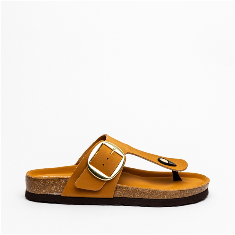 Reverse Suede Thong Flat Sandal with Buckle Detail on Strap