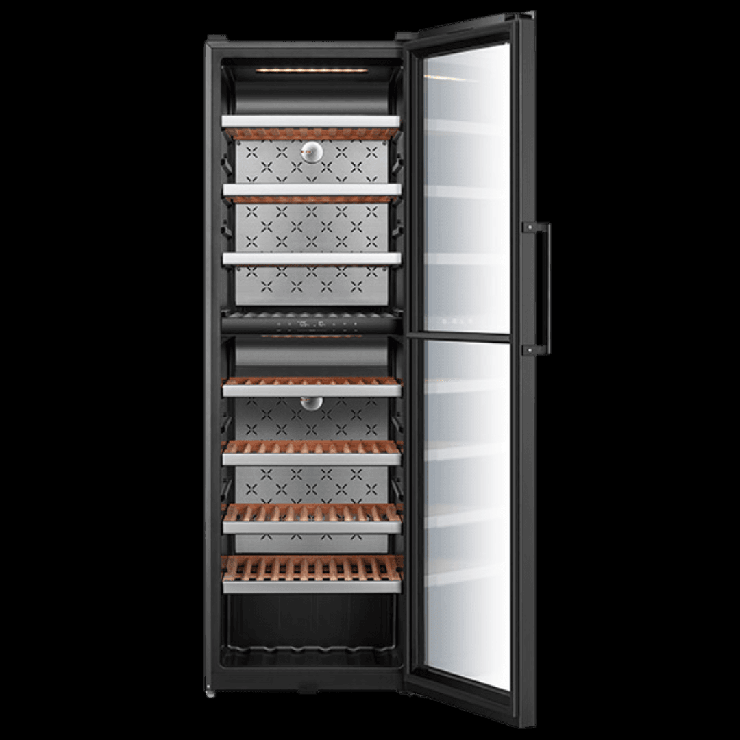 Midea MDRW562FGG22 Dual Zone Wine Cooler (193-Bottle Capacity, Wooden Shelves, Black Glass)