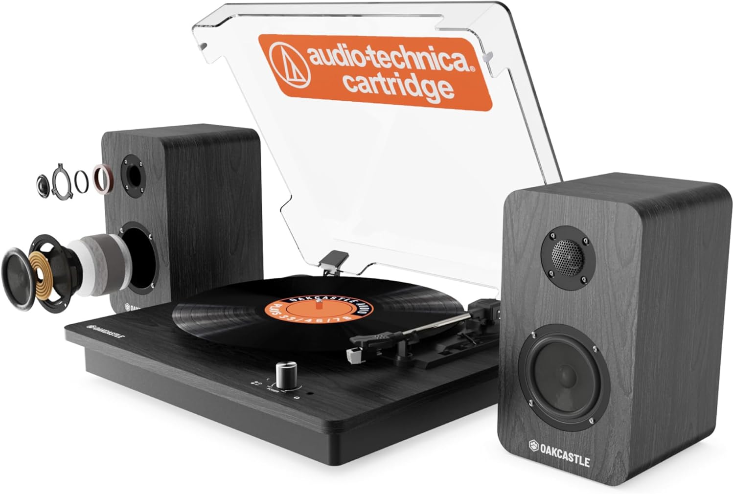 Majority Turntable TT200 Belt Drive & 2x External 50W Speakers (Oakcastle)
