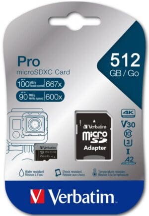 Verbatim Micro SD Card+Adapter Class A2 U3 512GB