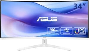 ASUS Monitor EyeCare 34" UWQHD 100Hz VA Curved 1500R Air-Ionizer USB Hub DP HDMI USB-C PD Speakers VU34WCIP-W White