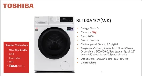 TOSHIBA TW- BL100A4CY(WK) WASHING MACHINE , 1400RPM, 9KG,Warranty: 5 years AND 10 YEARS INVERTER MOTOR, OFFER