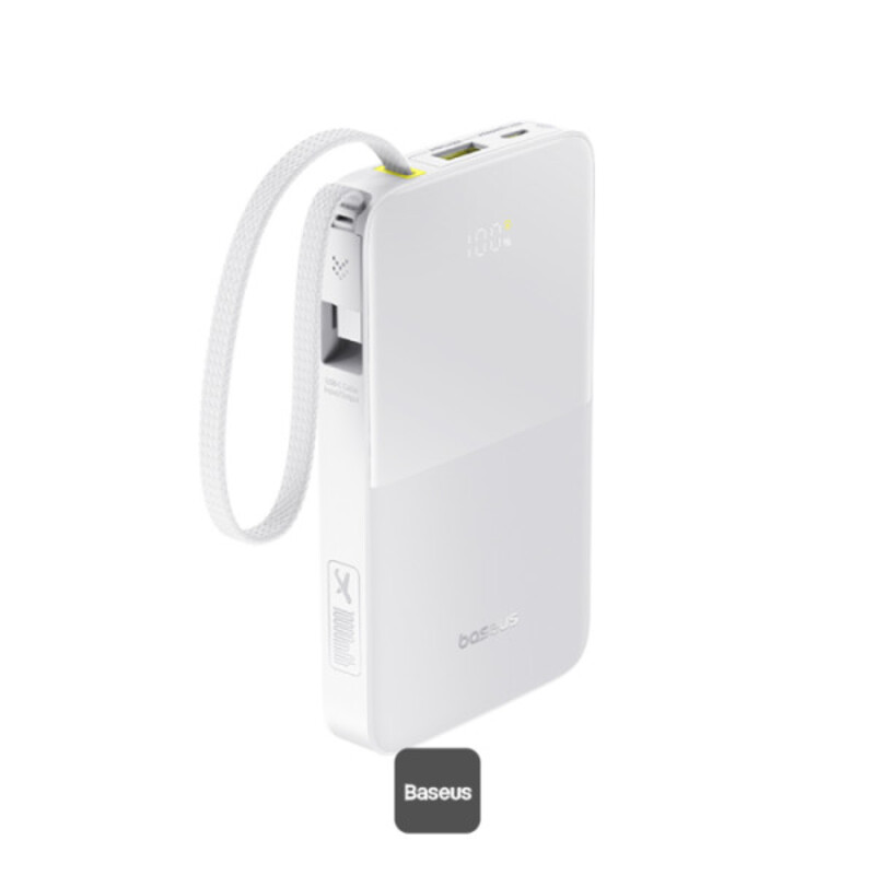 BASEUS ENERFILL FC51 BIPOW 2 PRO POWER BANK 10000MAH 22.5W FAST CHARGING WITH BUILT-IN USB-C CABLE- WHITE