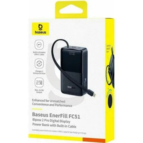 BASEUS ENERFILL FC51 BIPOW 2 PRO POWER BANK 30000MAH 22.5W FAST CHARGING WITH BUILT-IN USB-C CABLE-BLACK