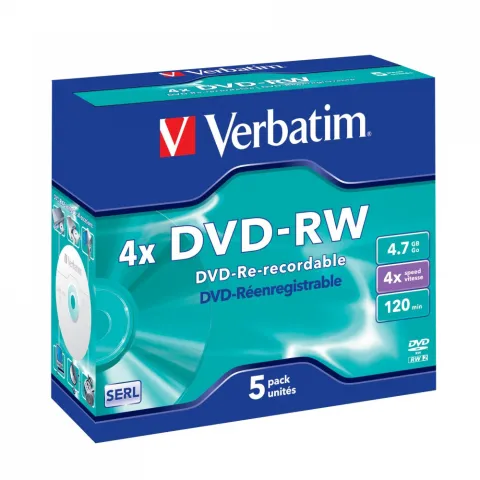 Verbatim DVD-RW 4.7GB 4X 5-Pack Jewel Case Matt Silver 43285