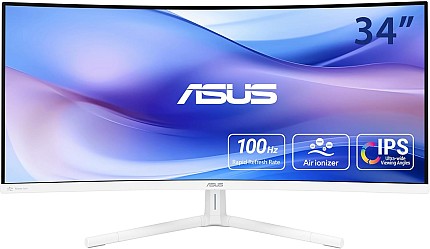 ASUS Monitor EyeCare 34" UWQHD 100Hz VA Curved 1500R Air-Ionizer USB Hub DP HDMI USB-C PD Speakers VU34WCIP-W White