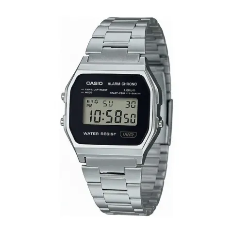Casio A158WA Vintage unisex digital watch with stainless steel bracelet, silver