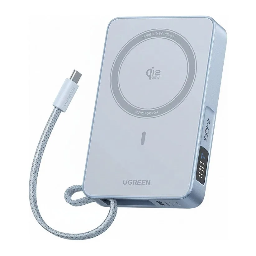 UGREEN PB773 MagFlow 10,000mAh 25W Magnetic Wireless Powerbank Qi2 integrated 30W USB-C fast charging cable MagSafe-compatible silver