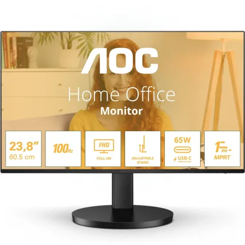 AOC 24B3CF2 - 23.8" FHD IPS Monitor - 100Hz, 1ms, USB-C (PD 65W), HDMI, Built-in Speakers, Black