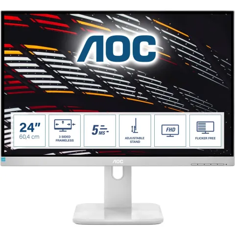AOC 24P1/GR 23.8in Full HD IPS Monitor - HDMI/DP/DVI, USB 3.2 Hub, Grey, VESA, Adjustable Stand
