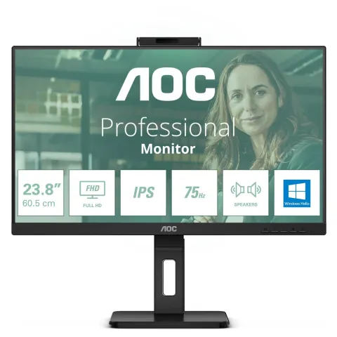 AOC 24P3CW - 23.8in IPS Full HD Monitor, 75Hz, 4ms, USB-C 65W, HDMI + 2x DP, Built-in Webcam, Black